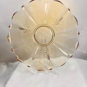 Vintage Amber Glass Scalloped Edge Dessert‎ Cake Stand Tray Floral Etched Topaz